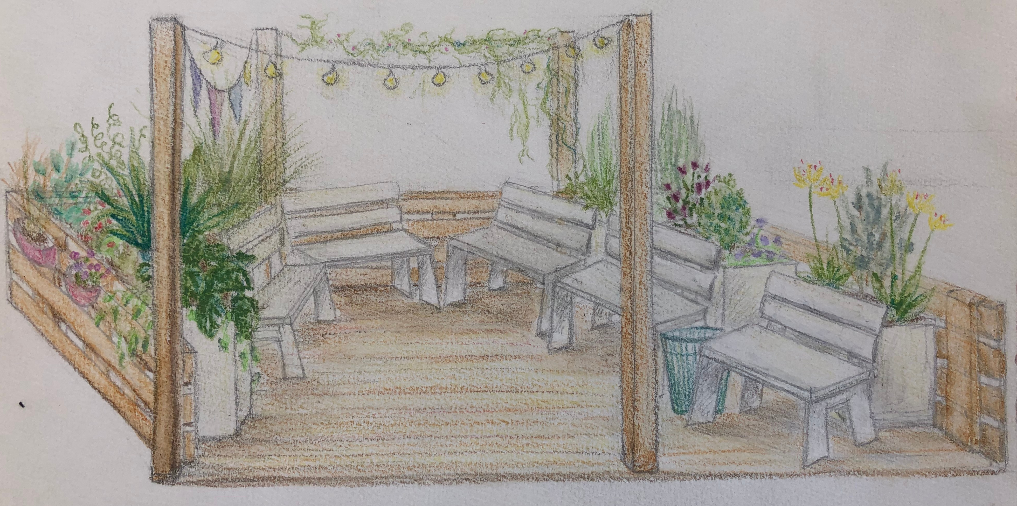 Zeichnung von weißen Sitzbänken auf einer Holzterrasse mit Pflanzen und einer Lichterkette
